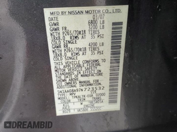 2007 Nissan Armada SE z VIN 5N1AA08A97N723532, wystawiony jako Copart lot #45090625 z przebiegiem 200 281 mil mil oraz Szkoda całkowita • Salvage title. Historia ofert i sprzedaży dostępna na DreamBid. Obrazek 14.