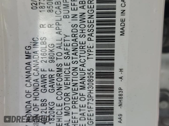 2023 Honda Civic EX with VIN 2HGFE1F73PH308955, listed as a Copart auction lot 54742035 with Not provided miles and Salvage title. Bid and sale history available at DreamBid. Image 12.