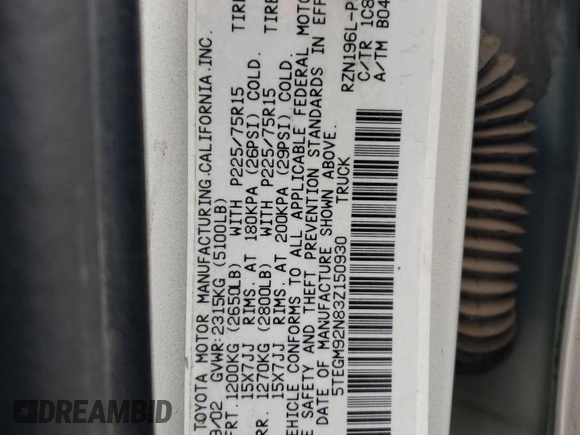 2003 Toyota Tacoma PreRunner z VIN 5TEGM92N83Z150930, wystawiony jako Copart lot #73320824 z przebiegiem 237 657 mil mil oraz Szkoda całkowita • Salvage title. Historia ofert i sprzedaży dostępna na DreamBid. Obrazek 12.