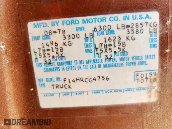 1978 Ford F-150 with VIN F14HRCG4756, listed as a Copart auction lot 59970475 with 55,026 mi miles and Clean title. Bid and sale history available at DreamBid. Image 13.