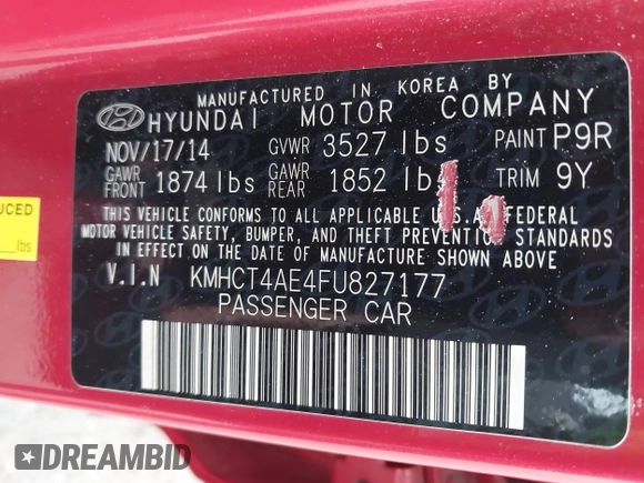 2015 Hyundai Accent GLS with VIN KMHCT4AE4FU827177, listed as a IAAI auction lot 42057967 with 83,842 mi miles and . Bid and sale history available at carsss.com. Image 9.