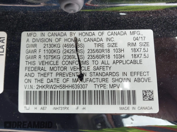 2017 Honda CR-V EX with VIN 2HKRW2H58HH639307, listed as a IAAI auction lot 41831761 with 283,027 mi miles. Bid and sale history available at carsss.com. Image 9.