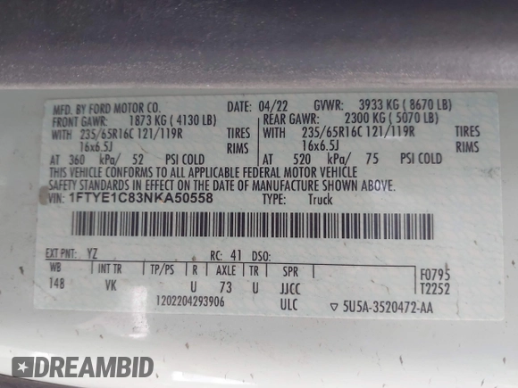 2022 Ford Transit Cargo с VIN 1FTYE1C83NKA50558, выставлен на аукционе IAAI как лот 39398110 с пробегом 16 096 миль миль и . История ставок и продаж доступна на DreamBid. Изображение 9.
