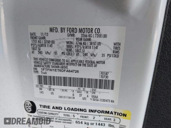 2013 Ford F-150 XL with VIN 1FTFW1ET6DFA64726, listed as a IAAI auction lot 42452184 with 266,171 mi miles and . Bid and sale history available at DreamBid. Image 9.