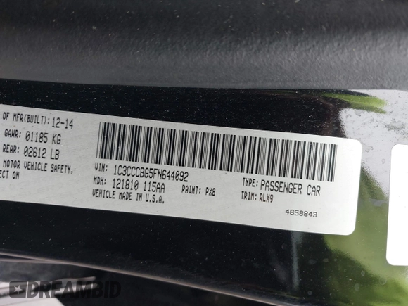 2015 Chrysler 200 S with VIN 1C3CCCBG5FN644092, listed as a IAAI auction lot 40822108 with 94,400 mi miles. Bid and sale history available at carsss.com. Image 9.