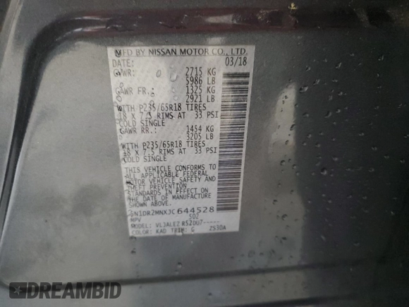 2018 Nissan Pathfinder SV with VIN 5N1DR2MNXJC644528, listed as a Copart auction lot 59804235 with 159,327 mi miles and Clean title. Bid and sale history available at DreamBid. Image 13.