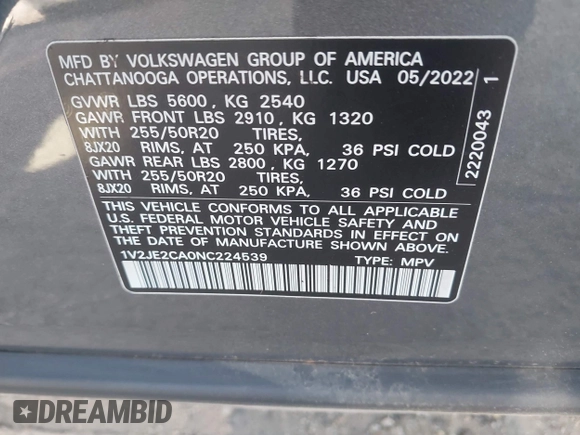 2022 Volkswagen Atlas SE with VIN 1V2JE2CA0NC224539, listed as a IAAI auction lot 42003758 with 59,363 mi miles and . Bid and sale history available at DreamBid. Image 9.