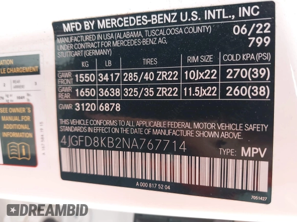 2022 Mercedes-Benz GLE 63 S AMG with VIN 4JGFD8KB2NA767714, listed as a IAAI auction lot 42359544 with 55,544 mi miles and . Bid and sale history available at DreamBid. Image 9.