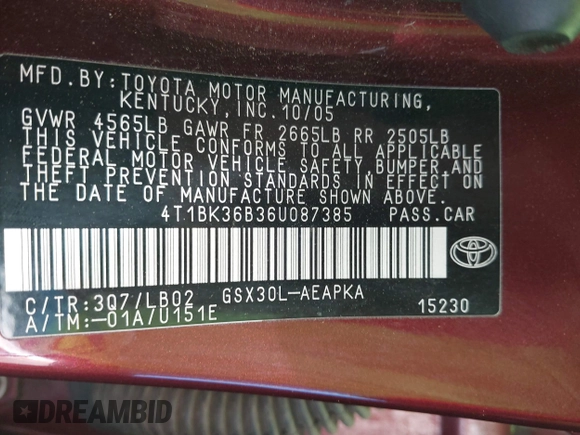 2006 Toyota Avalon XL with VIN 4T1BK36B36U087385, listed as a IAAI auction lot 41986866 with 128,594 mi miles. Bid and sale history available at carsss.com. Image 9.