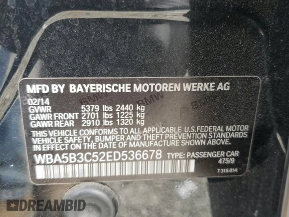 2014 BMW 5 Series 535i xDrive with VIN WBA5B3C52ED536678, listed as a Copart auction lot 61606815 with 53,412 mi miles and Salvage title. Bid and sale history available at DreamBid. Image 12.