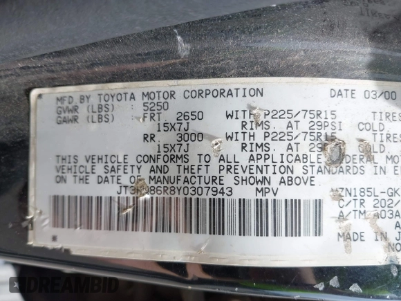 2000 Toyota 4Runner SR5 z VIN JT3HN86R8Y0307943, wystawiony jako IAAI lot #42513589 z przebiegiem Nie podano mil oraz . Historia ofert i sprzedaży dostępna na DreamBid. Obrazek 9.