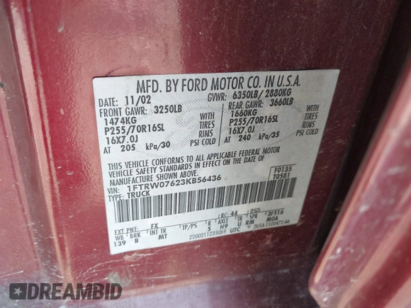 2003 Ford F-150 XLT with VIN 1FTRW07623KB56436, listed as a IAAI auction lot 42563493 with Not provided miles and . Bid and sale history available at DreamBid. Image 9.