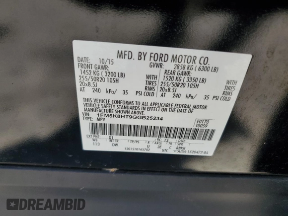 2016 Ford Explorer Platinum с VIN 1FM5K8HT9GGB25234, выставлен на аукционе Copart как лот 63947655 с пробегом 97 108 миль миль и Списание • Salvage title. История ставок и продаж доступна на DreamBid. Изображение 13.