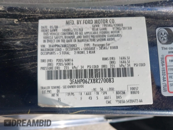 2008 Ford Fusion S with VIN 3FAHP06ZX8R270083, listed as a IAAI auction lot 42086056 with 174,031 mi miles. Bid and sale history available at carsss.com. Image 9.