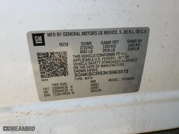 2019 Chevrolet Blazer with VIN 3GNKBCRS3KS663073, listed as a Copart auction lot 83609014 with 85,530 mi miles and Clean Title. Bid and sale history available at carsss.com. Image 16.