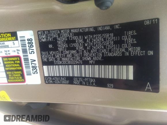 2011 Toyota Sienna XLE with VIN 5TDDK3DC3BS029476, listed as a IAAI auction lot 41393568 with 124,328 mi miles. Bid and sale history available at carsss.com. Image 9.