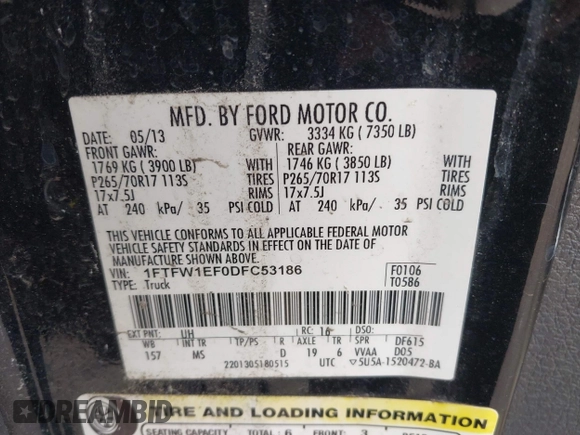 2013 Ford F-150 XL with VIN 1FTFW1EF0DFC53186, listed as a IAAI auction lot 42086254 with 172,075 mi miles. Bid and sale history available at carsss.com. Image 9.