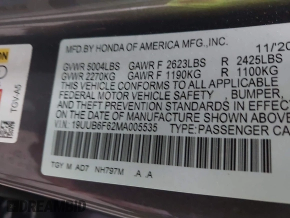 2021 Acura TLX w/Advance Package with VIN 19UUB6F62MA005535, listed as a IAAI auction lot 41913399 with 29,037 mi miles. Bid and sale history available at carsss.com. Image 9.