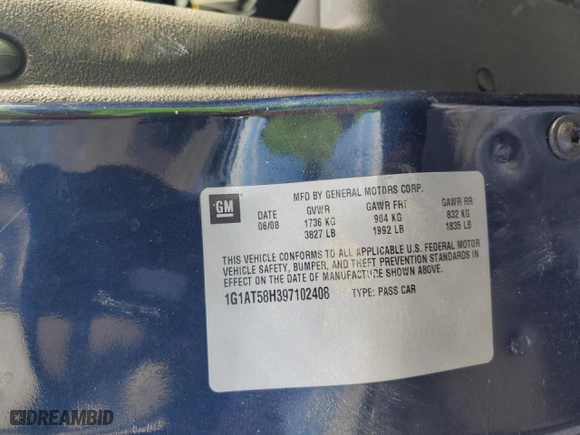 2009 Chevrolet Cobalt LT w/2LT with VIN 1G1AT58H397102408, listed as a Copart auction lot 45478875 with 121,230 mi miles and Salvage Title. Bid and sale history available at carsss.com. Image 14.