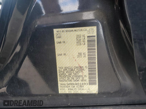2015 Nissan Altima 2.5 with VIN 1N4AL3AP8FN401693, listed as a Copart auction lot 58196805 with 159,753 mi miles and Salvage title. Bid and sale history available at DreamBid. Image 13.