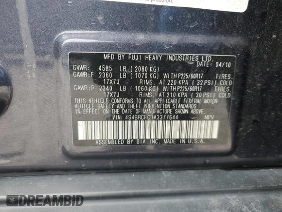 2010 Subaru Outback with VIN 4S4BRCFC1A3377644, listed as a Copart auction lot 49289975 with 224,191 mi miles and Salvage title. Bid and sale history available at DreamBid. Image 14.