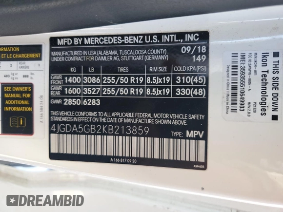 2019 Mercedes-Benz GLE 400 with VIN 4JGDA5GB2KB213859, listed as a Copart auction lot 49706625 with 109,706 mi miles and Salvage title. Bid and sale history available at DreamBid. Image 16.
