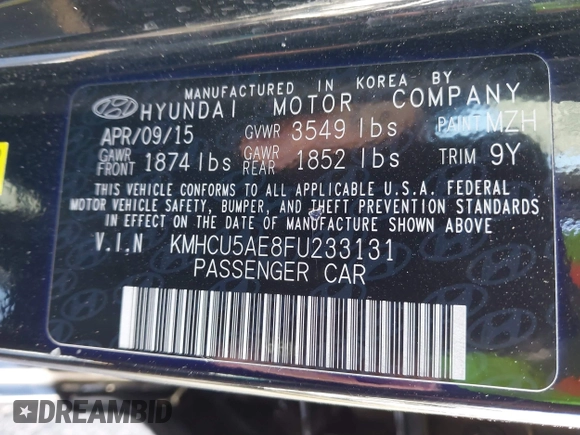 2015 Hyundai Accent Sport with VIN KMHCU5AE8FU233131, listed as a IAAI auction lot 41360461 with 99,480 mi miles. Bid and sale history available at carsss.com. Image 9.
