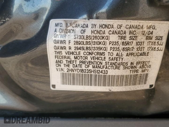 2005 Acura MDX with VIN 2HNYD18235H512433, listed as a Copart auction lot 82183444 with 169,877 mi miles and Salvage Title. Bid and sale history available at carsss.com. Image 15.