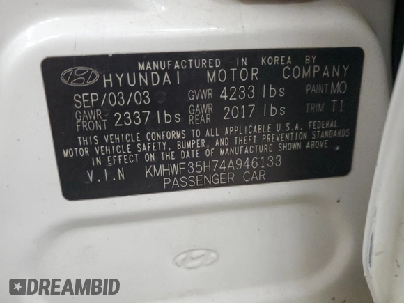 2004 Hyundai Sonata GLS with VIN KMHWF35H74A946133, listed as a Copart auction lot 48028595 with 175,589 mi miles and Salvage Title. Bid and sale history available at carsss.com. Image 12.