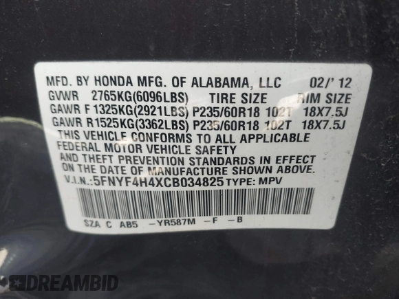 2012 Honda Pilot EX with VIN 5FNYF4H4XCB034825, listed as a IAAI auction lot 41974644 with 126,494 mi miles and . Bid and sale history available at DreamBid. Image 9.
