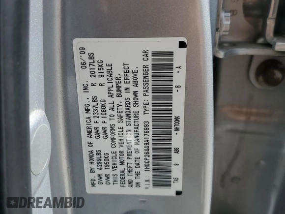 2009 Honda Accord LX-P z VIN 1HGCP26449A176993, wystawiony jako Copart lot #56486055 z przebiegiem 131 113 mil mil oraz Szkoda całkowita • Salvage title. Historia ofert i sprzedaży dostępna na DreamBid. Obrazek 13.