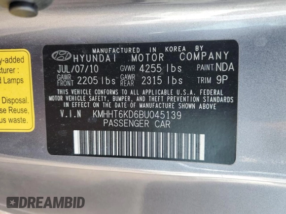 2011 Hyundai Genesis Coupe with VIN KMHHT6KD6BU045139, listed as a Copart auction lot 53344905 with 116,354 mi miles and Salvage title. Bid and sale history available at DreamBid. Image 12.