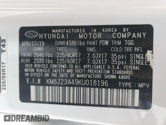 2019 Hyundai Tucson SE with VIN KM8J23A49KU018196, listed as a Copart auction lot 46933035 with 71,121 mi miles and Salvage Title. Bid and sale history available at carsss.com. Image 14.