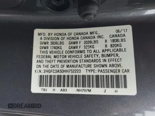 2017 Honda Civic Si with VIN 2HGFC3A50HH752223, listed as a IAAI auction lot 42273886 with 76,454 mi miles and . Bid and sale history available at DreamBid. Image 9.