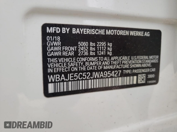 2018 BMW 5 Series 540i with VIN WBAJE5C52JWA95427, listed as a Copart auction lot 50937615 with 48,775 mi miles and Salvage Title. Bid and sale history available at carsss.com. Image 14.
