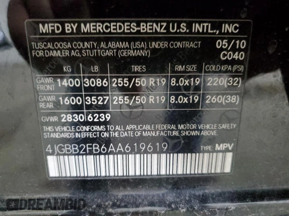 2010 Mercedes-Benz M 350 with VIN 4JGBB2FB6AA619619, listed as a Copart auction lot 46756455 with 129,274 mi miles and Clean Title. Bid and sale history available at DreamBid. Image 13.