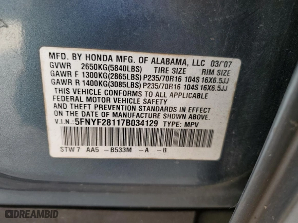 2007 Honda Pilot LX with VIN 5FNYF28117B034129, listed as a Copart auction lot 53350825 with 269,986 mi miles and Salvage Title. Bid and sale history available at carsss.com. Image 13.