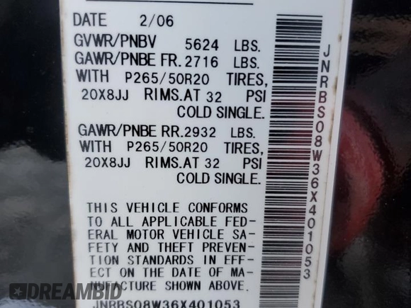2006 Infiniti FX Options with VIN JNRBS08W36X401053, listed as a Copart auction lot 77360084 with 239,048 mi miles and Salvage title. Bid and sale history available at DreamBid. Image 13.