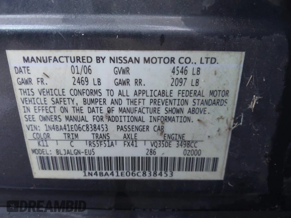 2006 Nissan Maxima 3.5 SE with VIN 1N4BA41E06C838453, listed as a IAAI auction lot 41172351 with 133,604 mi miles. Bid and sale history available at carsss.com. Image 9.