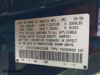 2008 Honda Accord Cpe LX-S with VIN 1HGCS12328A022304, listed as a IAAI auction lot 41541266 with 206,948 mi miles. Bid and sale history available at carsss.com. Image 9.