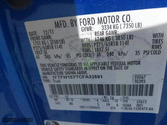 2012 Ford F-150 XL with VIN 1FTFW1EF7CFA33591, listed as a IAAI auction lot 41775549 with 92,192 mi miles. Bid and sale history available at carsss.com. Image 9.