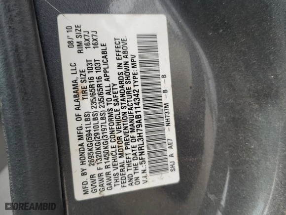 2010 Honda Odyssey EX-L with VIN 5FNRL3H79AB114342, listed as a Copart auction lot 49055965 with 0 mi miles and Salvage Title. Bid and sale history available at carsss.com. Image 13.