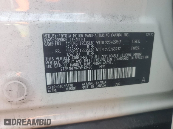 2023 Toyota RAV4 XLE с VIN 2T3P1RFV6PW342495, выставлен на аукционе Copart как лот 60547215 с пробегом 48 876 миль миль и Чистый • Clean title. История ставок и продаж доступна на DreamBid. Изображение 12.