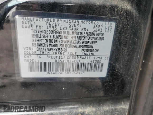 2017 Nissan Sentra S with VIN 3N1AB7AP5HY352479, listed as a Copart auction lot 58863705 with 103,983 mi miles and Salvage title. Bid and sale history available at DreamBid. Image 12.
