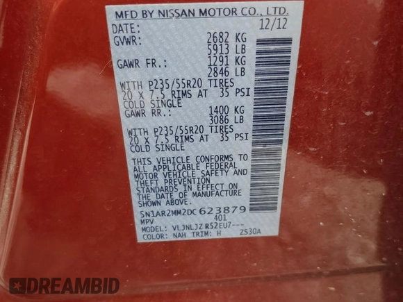 2013 Nissan Pathfinder Platinum with VIN 5N1AR2MM2DC623879, listed as a Copart auction lot 63420305 with 191,230 mi miles and Clean title. Bid and sale history available at DreamBid. Image 13.