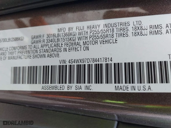 2008 Subaru Tribeca (Natl) 7-Pass Ltd with VIN 4S4WX97D784417814, listed as a IAAI auction lot 41615340 with 281,939 mi miles. Bid and sale history available at carsss.com. Image 9.