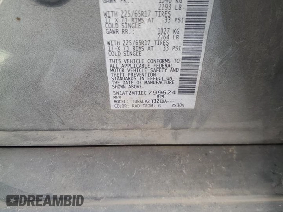 2014 Nissan Rogue S z VIN 5N1AT2MT1EC799624, wystawiony jako Copart lot #56358025 z przebiegiem 123 757 mil mil oraz Szkoda całkowita • Salvage title. Historia ofert i sprzedaży dostępna na DreamBid. Obrazek 13.