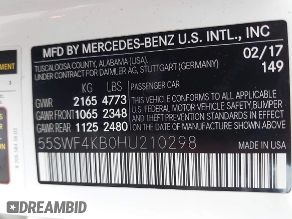 2017 Mercedes-Benz C 300 with VIN 55SWF4KB0HU210298, listed as a IAAI auction lot 41096804 with 95,790 mi miles and . Bid and sale history available at carsss.com. Image 9.