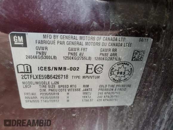 2011 GMC Terrain SLT-2 with VIN 2CTFLXE59B6426718, listed as a Copart auction lot 48735955 with 246,376 mi miles and Salvage Title. Bid and sale history available at carsss.com. Image 13.