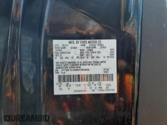 2010 Ford F-150 XL с VIN 1FTMF1CW8AFD63022, выставлен на аукционе Copart как лот 53107425 с пробегом 64 580 миль миль и Списание • Salvage title. История ставок и продаж доступна на DreamBid. Изображение 12.